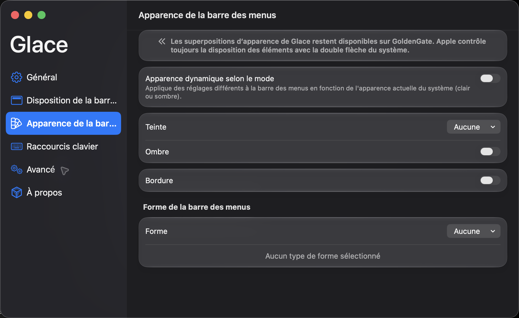 Glace menu bar appearance settings on macOS